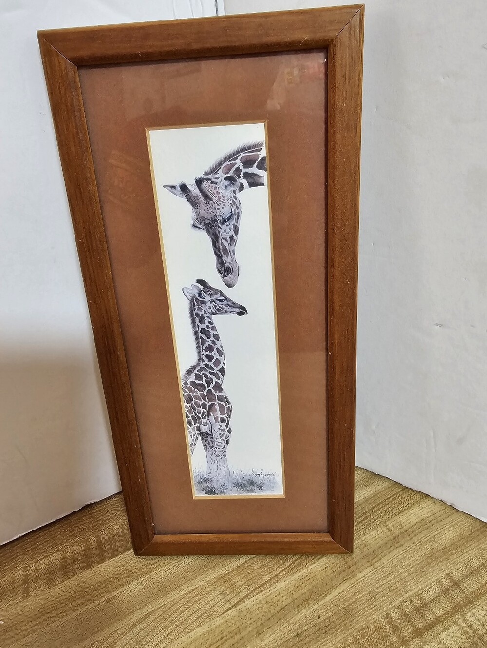 Jim Fitzpatrick Giraffe Art Print Framed 5x10 Wildlife Mother Baby Animal Sign